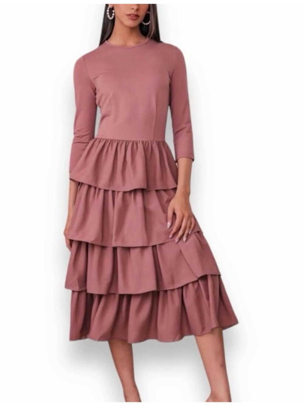 Jessakae Eiffel Dress Rosewood Deep dusty Pink 3/4 Sleeve Ruffle Dress Small